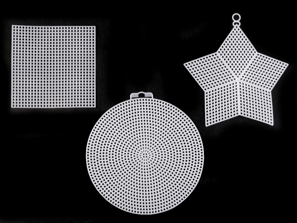 Plastová vyšívací mřížka kruh, hvězda, čtverec 